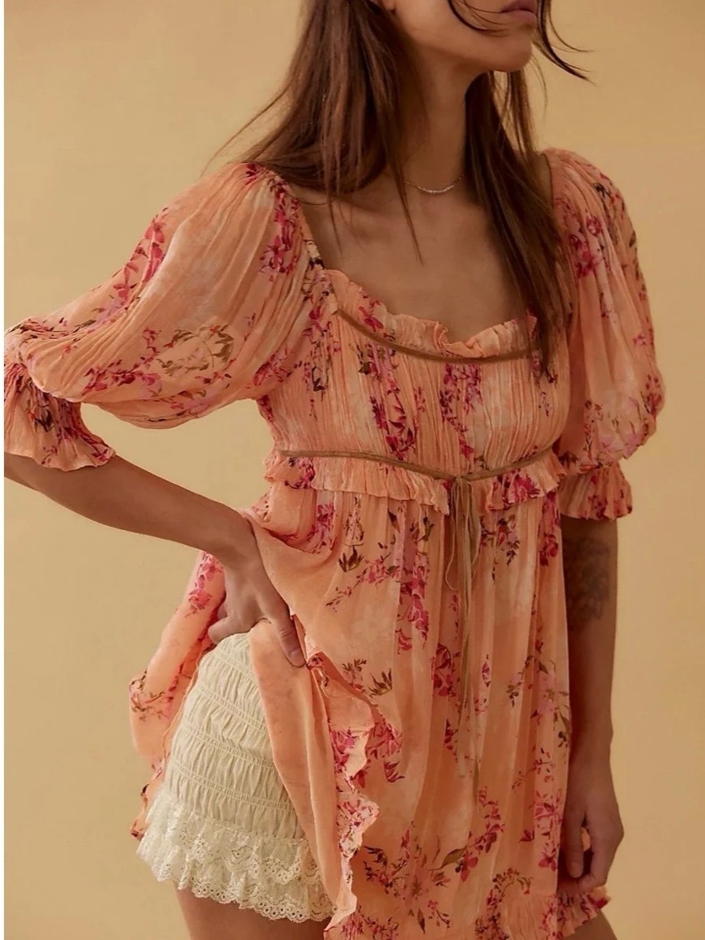 Free People NWOT Marney Boho Pink Floral Minidress Size Large